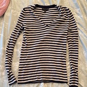 Banana Republic Black & Cream Striped V-Neck Long Sleeve Top